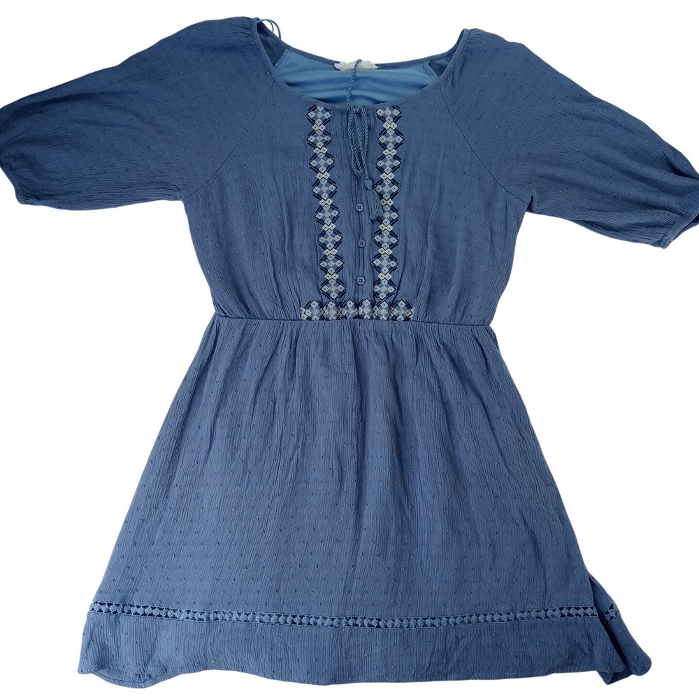 Lucky Brand Blue Textured Embroidered Tassel Tie Neck Dress - Youth Size XL